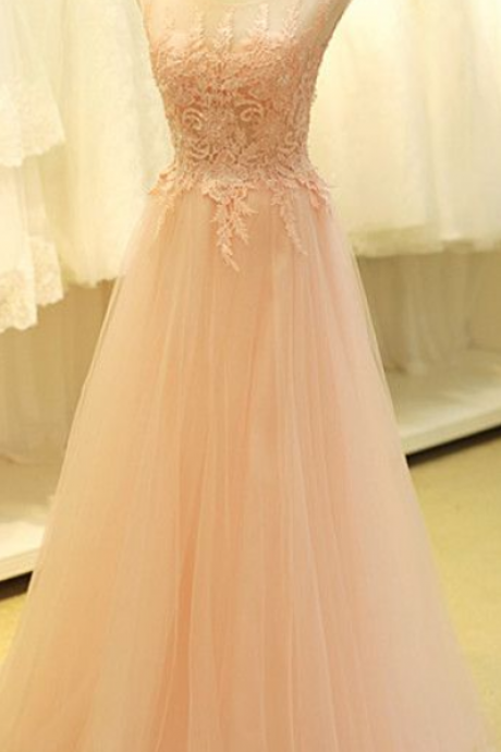 Light Pink Prom Dress,tulle Prom Dresses,scoop Neck Prom Dress, Lace Appliques Party Dresses,prom Dresses ,floor Length Homecoming Dresses,pretty