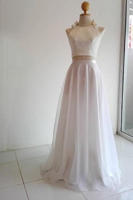 White Two Pieces, Long Prom Dress,sleeveless Evening Dress ,custom Made