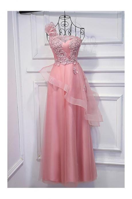 Super Cute Pink ,one Shoulder Prom Dress, Long Dress With Applique Lace ,custom Made