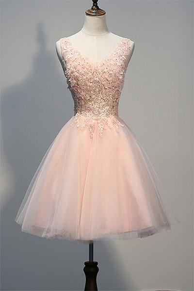 Blush Pink Lace, Beaded Backless ,v-neck Sweet 16 Cocktail Dress, Homecoming Dresses,custom Made