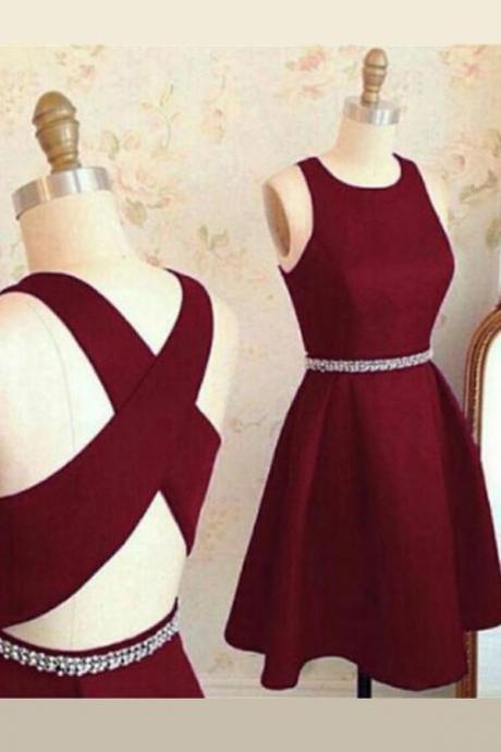 Burgundy Red Stain ,short Homecoming Dresses, Beaded Knee Length Prom Gowns, Homecoming Dresses,custom Made
