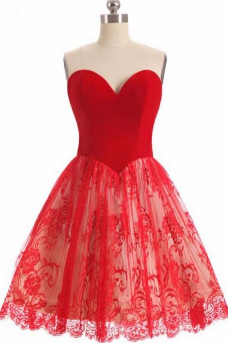 Cute Short Red Prom Dress, Lace Homecoming Dress ,sexy Formal Evening Dress,custom Made