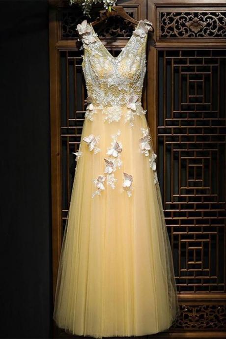Charming Flowy, Long Tulle, V Neck Prom Dress With Lace Butterflies ,sexy Formal Evening Dress,custom Made