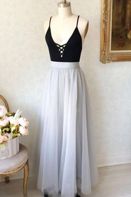 Spring Backless, Long Gray Tulle Prom Dress, Long Evening Dress, Long Prom Dress ,custom Made