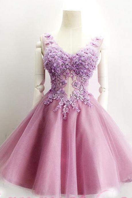 Pink Homecoming Dress,lace Appliques Prom Dress,v Neck Party Dress,lace Up Back Prom Dress,a Line Homecoming Dress,short Homecoming