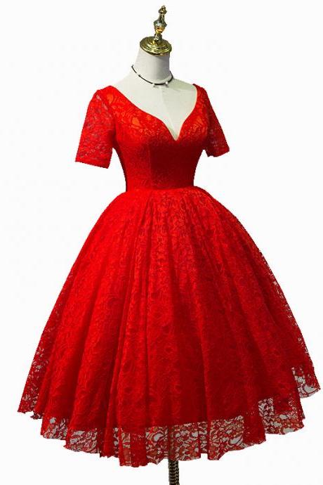 Charming Lace Red, Vintage Style ,Teen Length Party Gowns, Red Lace Formal Gowns, Lace Party Dresses,Custom Made ,New Fashion