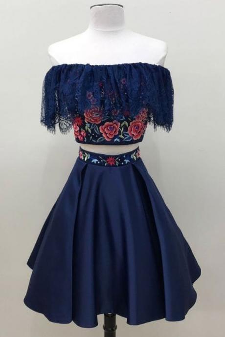 Dark blue lace short prom dress, dark blue homecoming dress ,Sexy Formal Evening Dress,Custom Made