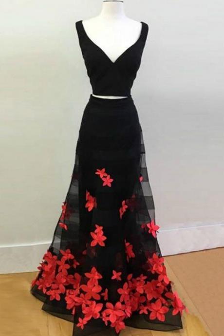 Flower Applique Prom Dresses, Vintage Black V-neck ,two Piece Prom Dress With Appliques,sexy Formal Evening Dress,custom Made