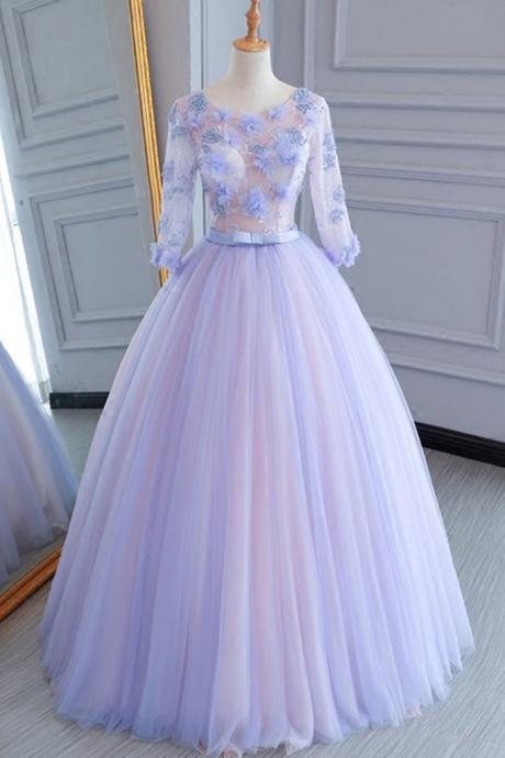 Unique Lavender Tulle ,mid Sleeve, Long A-line, Lace Appliqué Prom Dress, Evening Dress,floor Length Prom Gowns ,sexy Formal Evening