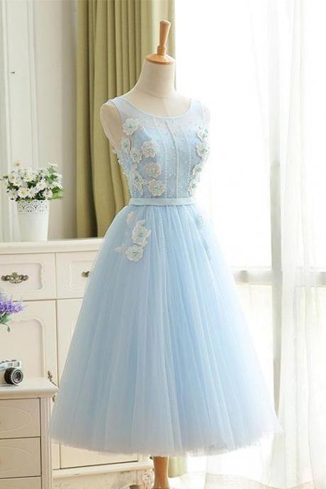 3d Flower Appliques Prom Dress,sexy Bateau Neck Homecoming Dress , Sleeveless Evening Dress, Short Party Gown,sky Blue Tulle Prom Dress,high