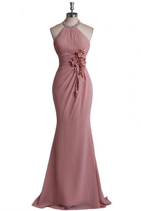 Halter Ruched Chiffon Mermaid, Long Prom Dress, Evening Dress With Floral Appliqués ,high Quality ,sexy Formal Evening Dress,custom Made