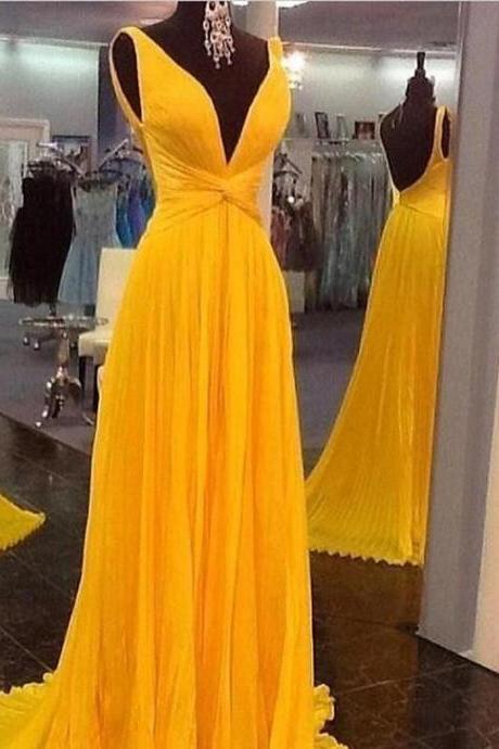 V-neck Prom Dress, Long Prom Dress, Chiffon Prom Dress, Yellow Prom Dress, Evening Dress,custom Made