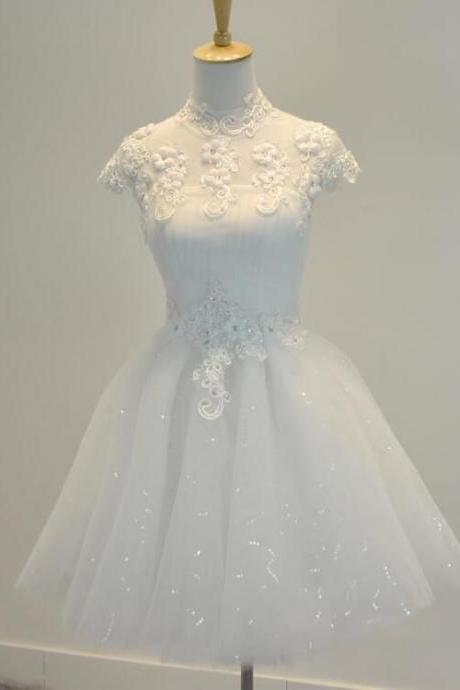 Vintage Style ,A-Line High Neck ,White Lace Applique ,Cap Sleeves ,Short Homecoming/Prom Dress,Custom Made ,New Fashion