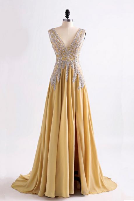 Yellow Chiffon V Neck, Long Open Back Slit Evening Dress, Sequins Long Prom Dress, Long Prom Dresses ,custom Made , Fashion