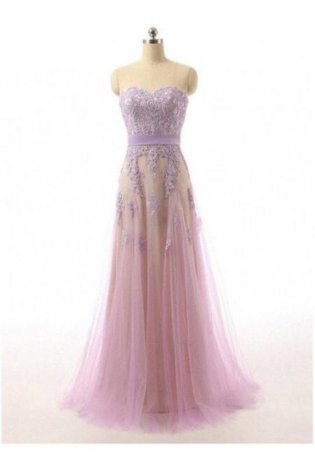 Light Purple Tulle ,sweetheart Long Prom Dress With Lace Appliques, Long Prom Dresses ,custom Made , Fashion