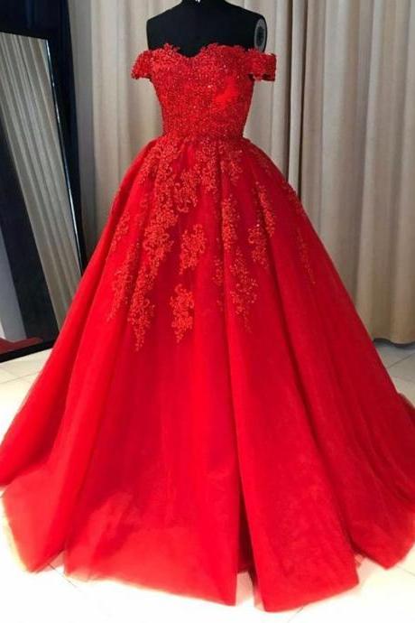Off Shoulder Ball Gown Red Lace Party Dress A-line Evening Dresses, Long Lace Prom Dresses ,custom Made
