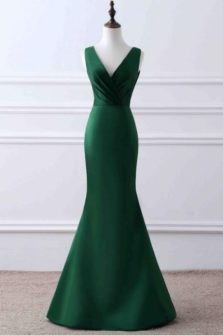 Green Matte Satin V-neck Mermaid ,unique Design Evening Dress,custom Made , Fashion