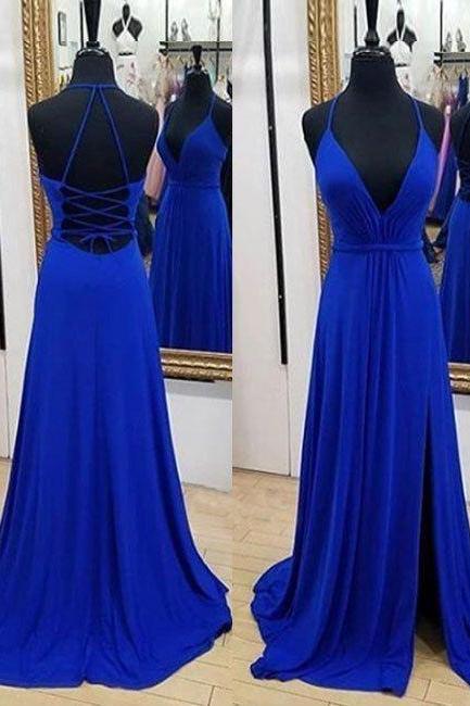 V Neck evening dress Royal Blue party dress Chiffon Prom Dress