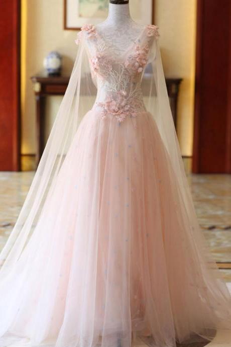 Pink Tulle Customize Long 3d Lace Flower Evening Dress, Sweet 16 Prom Dress