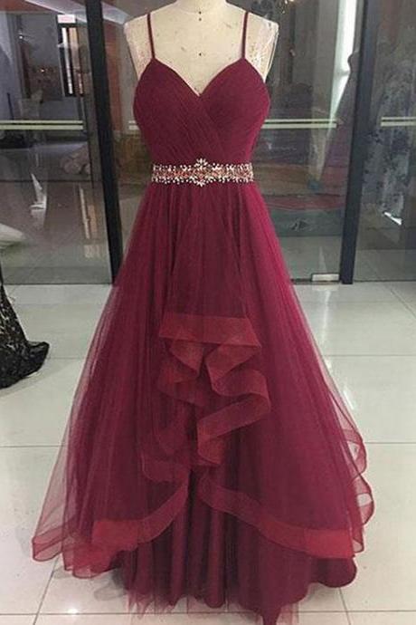 FASHION A-LINE SPAGHETTI STRAPS BURGUNDY LONG PROM DRESS WITH BEADING,dark red evening dresses