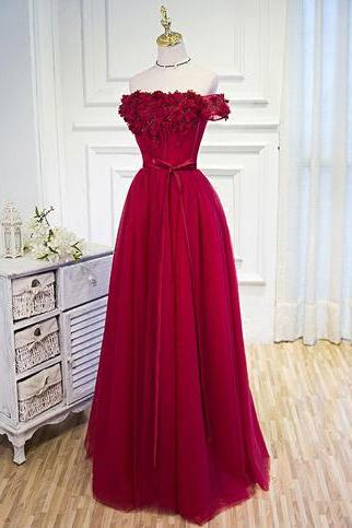 Long Prom Dresses,red A-line Off-the-shoulder Floor-length Tulle Prom Dresses Evening Dresses