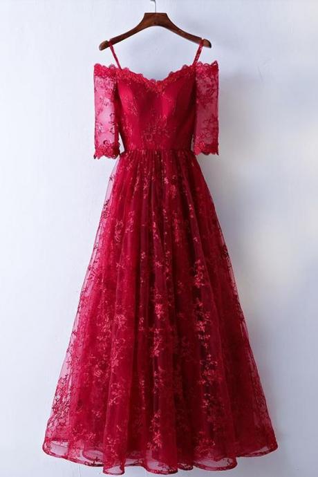 long prom dresses,Red A-line Off-the-shoulder, Floor-length Tulle Prom Dresses,Mid Sleeves Evening Dresses