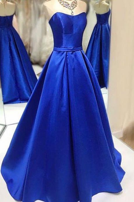 Navy Blue Satin Sweetheart A-line Princess Full-length Formal Dresses,a Line Royal Blue Satin Party Dress