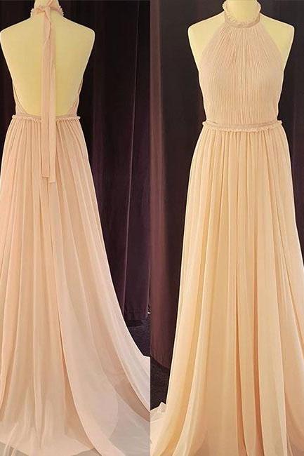 Cheap A-Line Halter Backless Light Pink Chiffon Long Prom Dress with Pleats