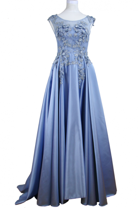 Appliques Lace 3d Flower Blue! Sleeveless Dress, Formal Evening Gown ,floor Length ,sweep Train