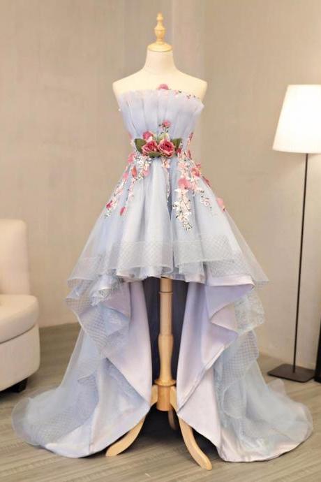 Sky Blue Tulle Strapless High Low Flower Appliques Homecoming Dress, Party Dress
