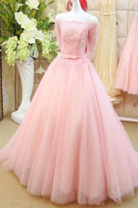 Stunning A-line Prom Dress Pink Prom Gowns Long Evening Gowns For Teens Off-the-shoulder Half Sleeves Lace Formal Gowns
