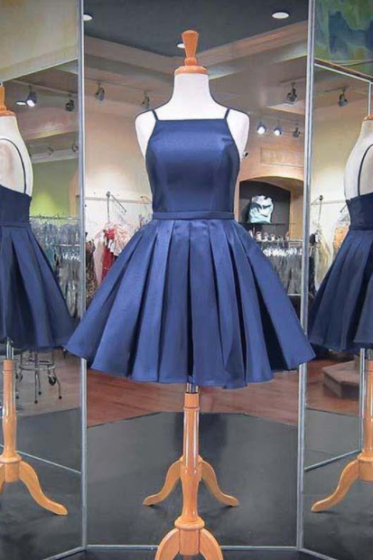 Fashion Navy Blue Spaghetti Straps Evening Dress Satin Homecoming Dresses