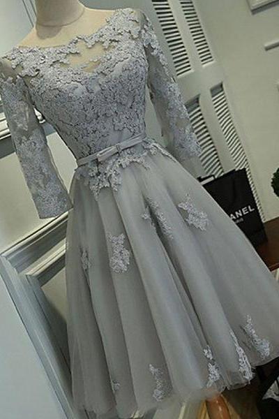 Half Sleeve Silver Tulle with Lace Appliqued Short Prom Dresses