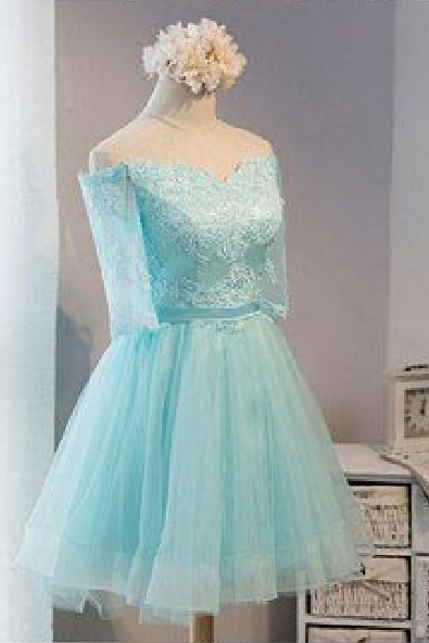 Long Sleeve Mint Lace Tulle Short Homecoming Prom Dresses, Affordable Short Party Prom Sweet 16 Dresses, Perfect Homecoming Cocktail Dresses