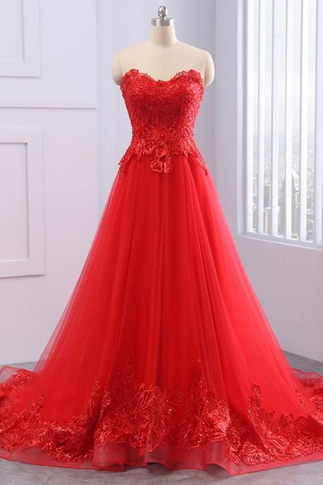 Red Lace Party Dress Tulle Long Prom Dress, Strapless Evening Dress