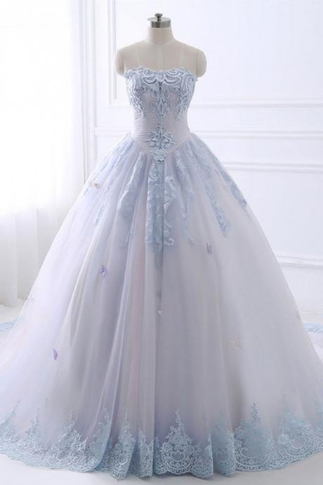 LIGHT BLUE LACE TULLE LONG PROM DRESS,BALL GOWN EVENING DRESS