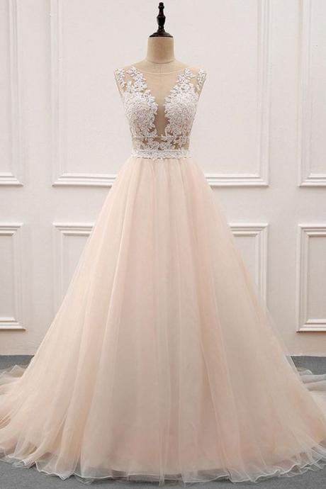 Champagne Tulle Lace Long Prom Dress, Evening Dress