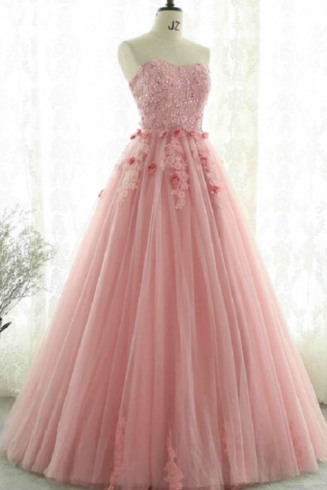 Sweetheart Neck Tulle Long, A-line Formal Prom Dress , Lace Applique Evening Dress,beading 3d Flower Party Dress