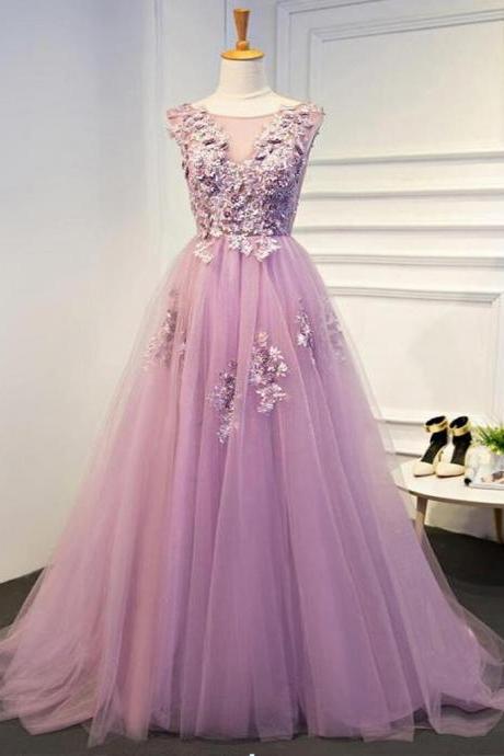 A Line Lace O Neck Tulle Evening Gowns,applique Long Prom Dress