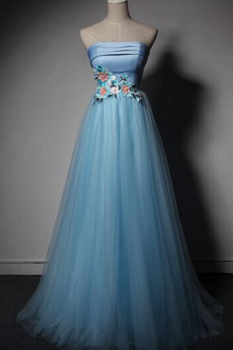 Blue Tulle Party Dress Sweetheart Evening Gown With Flowers