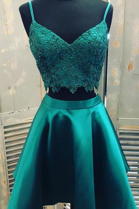 Short Party Dress, V Neck Homecoming Dress, Short Sexy Dress,straps Two Piece Short Green Homecoming Dress