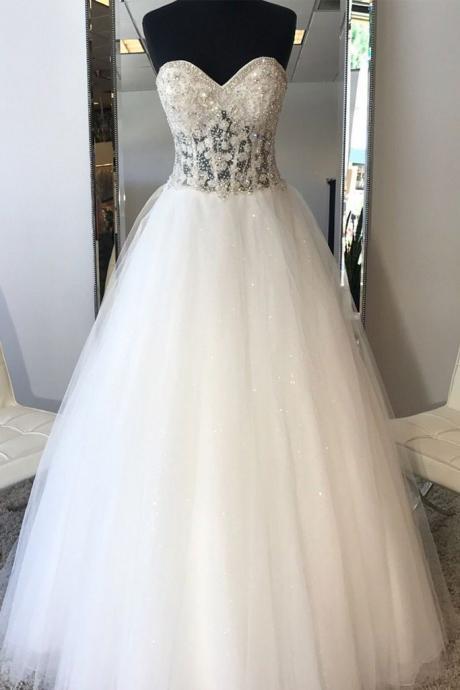White Sweetheart Neck Tulle Beads Long Wedding Dress, Bridal Gown