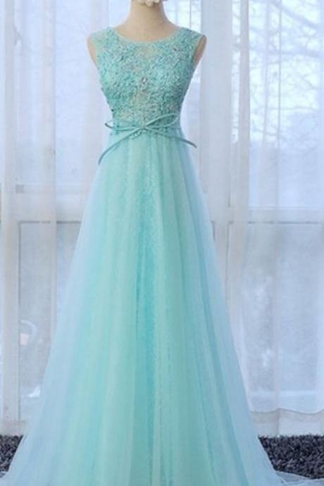Sleeveless Lace Appliqués A-line Tulle Long Prom Dress, Evening Dress