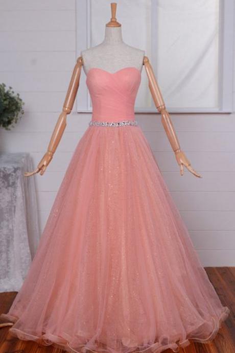 Strapless Sweetheart Ruched Beaded A-line Tulle Floor-length Prom Dress, Evening Dress