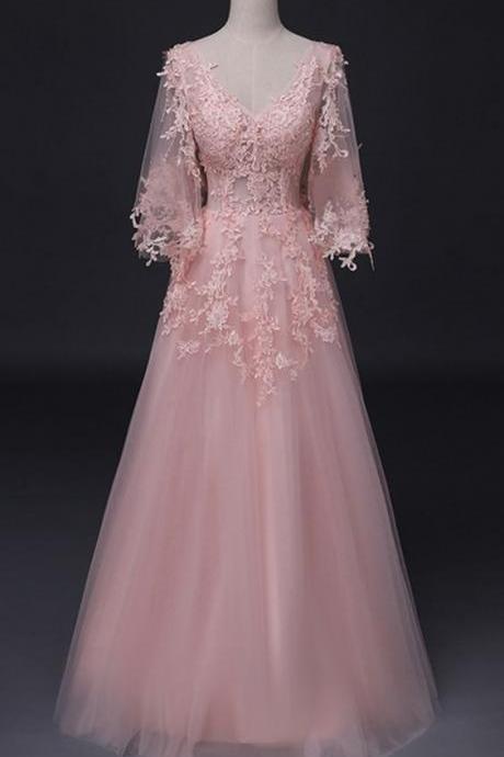 Long Sleeve Lace Veils Outdoor Wedding Party Dress Formal Wedding Wedding Dress, V-neck Evening Dress