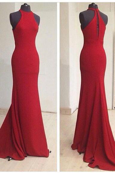 Sheath Chiffon Prom Dress, Red Prom Dress, Halter Neck Prom Dress, Red Evening Dress, Long Evening Dress