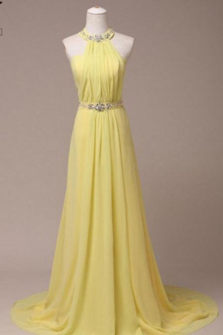 Yellow Seat Belt Halter Pearl Wedding Night's Sexy Long Pleated Party Dress