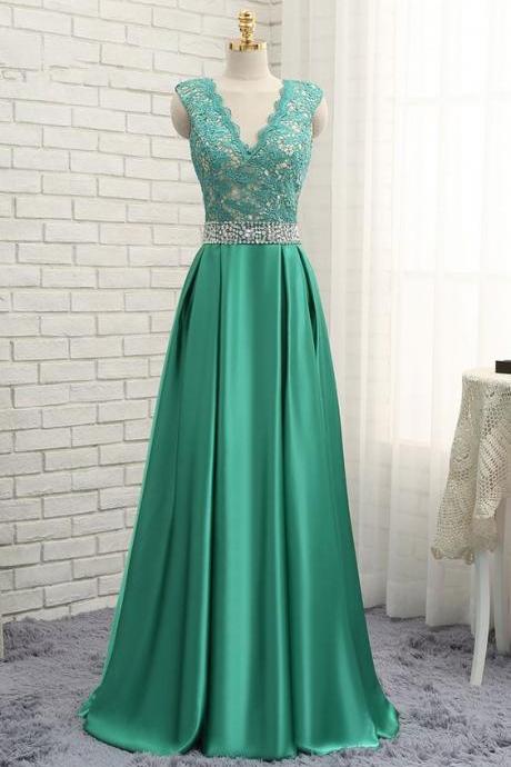 Green Evening Dresses A-line V-neck Cap Sleeves Beaded Lace Elegant Long Evening Gown Prom Dress Prom Gown