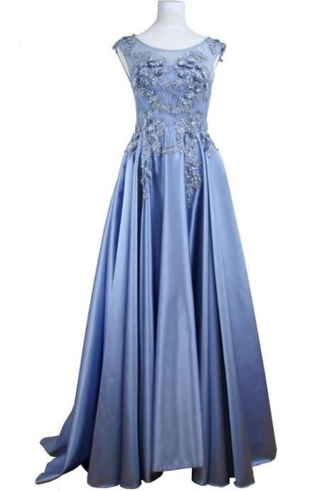 Appliques Lace Flower Blue! Sleeveless Dress Formally Intermittently Using Evening Gown For A Long Time In The Evening Party