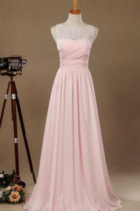 Sexy Pink Evening Dresses With Lace Bodice Sheer Neck Chiffon Prom Party Dress Formal Gowns